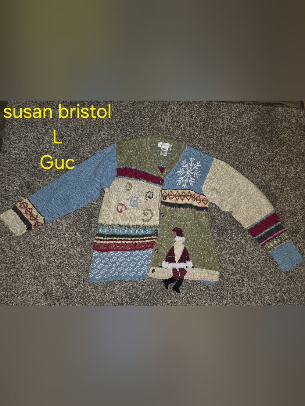VTG Susan Bristol Patchwork Christmas Cardigan Sweater L 3D Santa Cottagecore